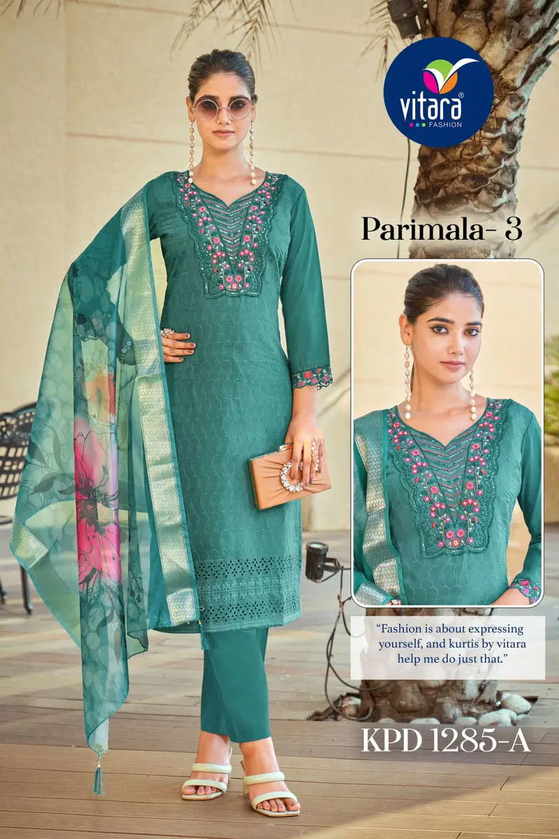 Parimala 3 By Vitara Roman Embroidery Kurti With Bottom Dupatta Suppliers In India